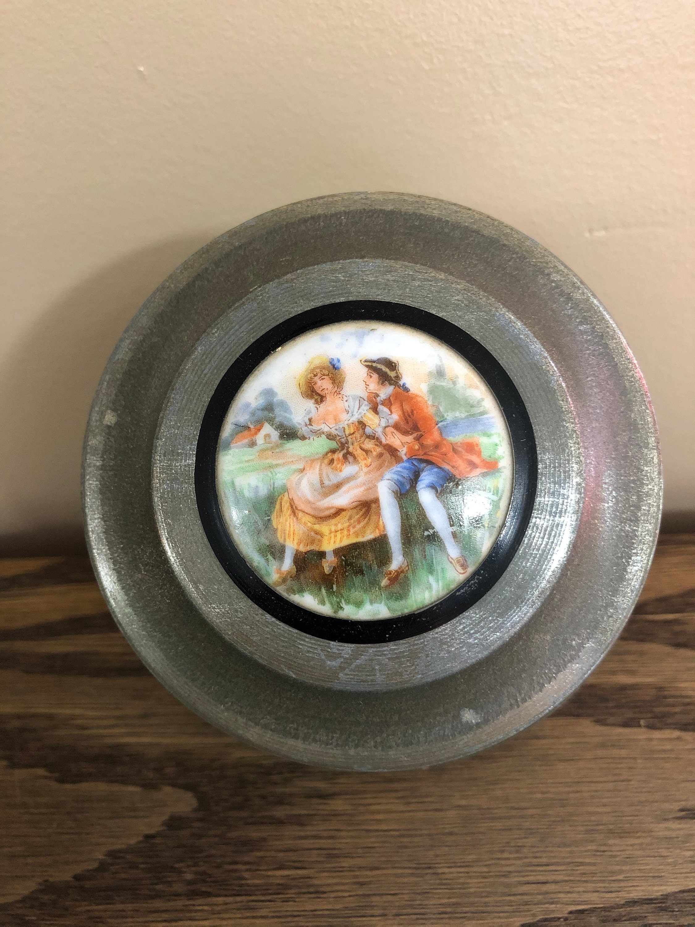 Vintage Metal Face Powder Box for Vanity with Painted Cameo