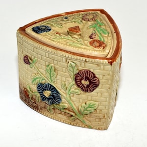 Vintage Triangular Majolica  Basket weave design flowered biscuit or salt box