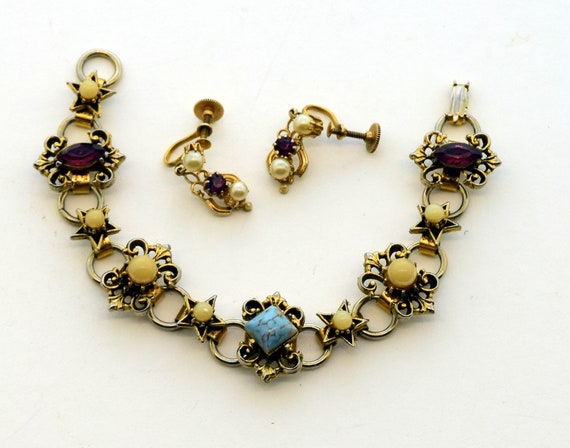 Gorgeous vintage multi stone and pearl bracelet w… - image 1