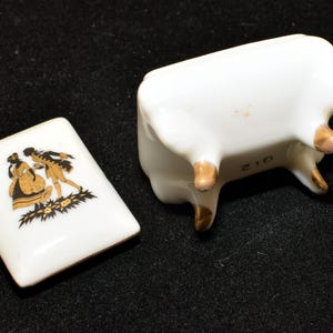 Vintage glänzendes Porzellan viktorianisches Paar Schwarz und Gold Kleine Schmuckschatulle mit Deckel