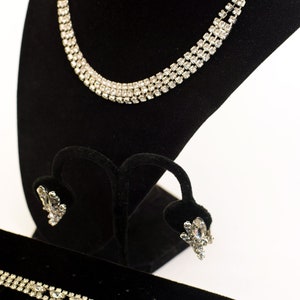 Rhinestone Demi Parure Set: Choker Necklace, Bracelet, Clip Earrings