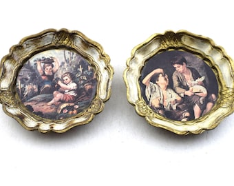 Vintage Pair of Cream and Gold Victorian Painting Scalloped 3 7/8&quot; Florentine Toleware Decorative Coasters