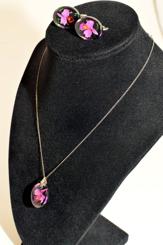 Vintage purple orchid necklace and matching pair o