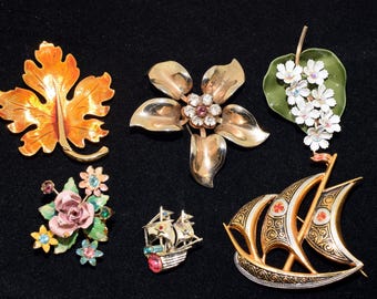 Six Vintage Brooches Lot from Spain and Others Unmarked - Flowers, Leaf, and Ships
