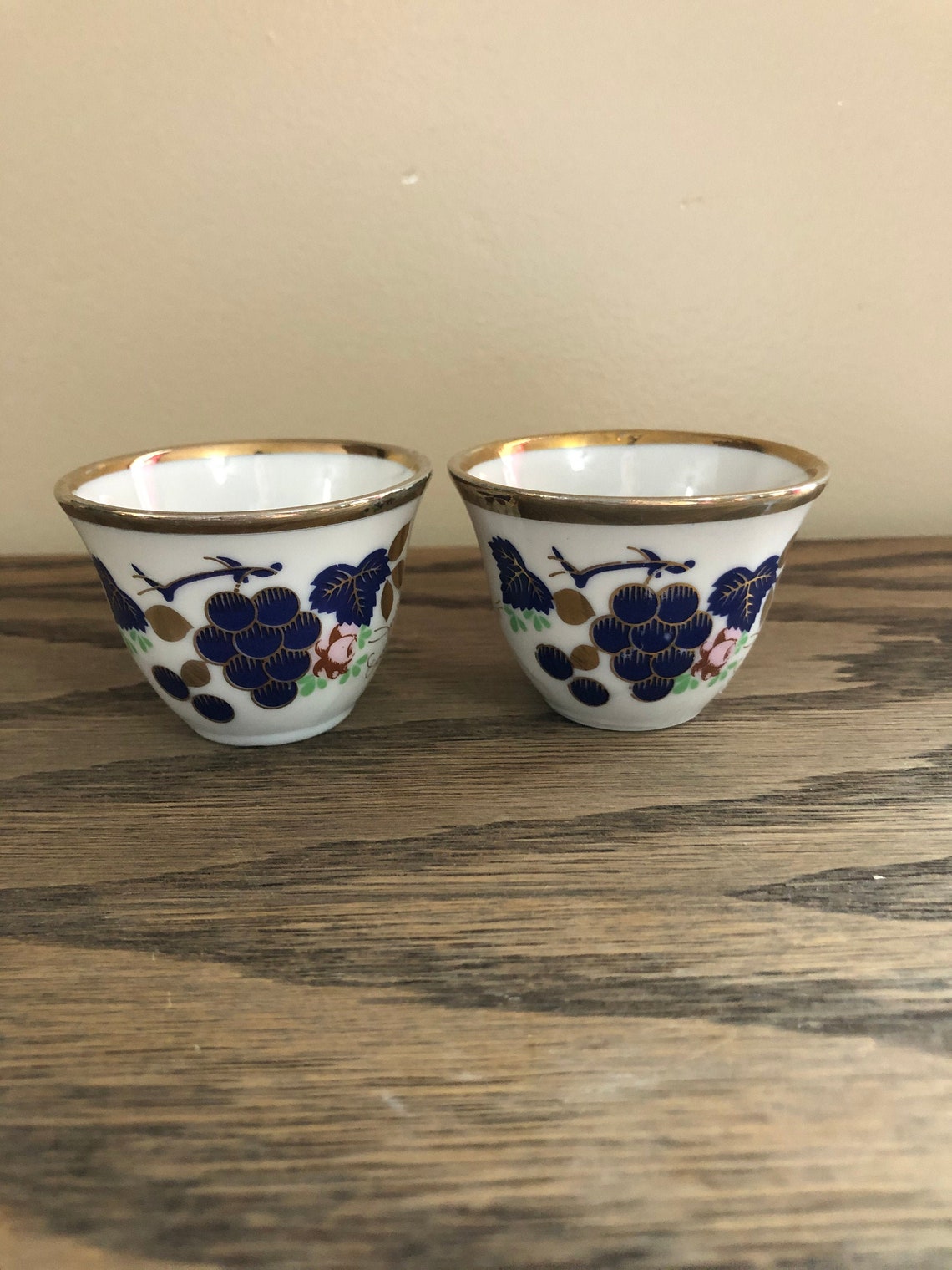 Vintage Pair of Ceramic Sake Cups With Gold, Blueberry and Leaf Details