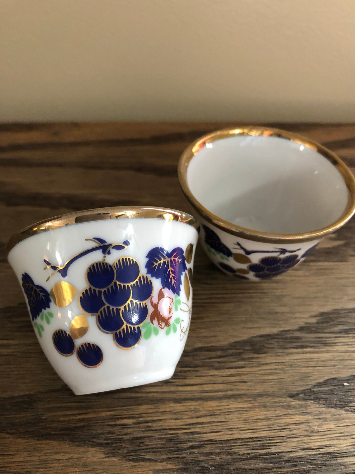 Vintage Pair of Ceramic Sake Cups With Gold, Blueberry and Leaf Details