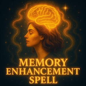 May include: A digital artwork shows a woman's profile with a glowing brain above her head, with flowing energy lines. The text "MEMORY ENHANCEMENT SPELL" is in gold. The background is dark, with small stars.