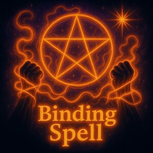 Puede incluir: Ilustración digital con un pentagrama y una estrella fugaz de color naranja brillante sobre un fondo oscuro. Dos puños estilizados están atados por líneas naranjas brillantes. El texto "Binding Spell" es naranja.