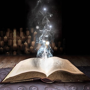 May include: An open antique book with aged pages, glowing with a magical white light and smoke rising from its center. The book is surrounded by a blurred background of lit candles.