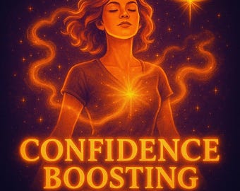 May include: Digital illustration of a woman with closed eyes, radiating golden energy. The image features the text "CONFIDENCE BOOSTING SPELL" in a glowing orange font against a dark purple background with stars. The woman is wearing a dark shirt.