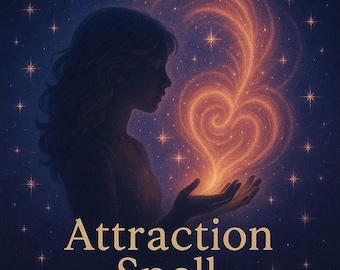 May include: An artistic illustration features a silhouette of a person holding a glowing heart-shaped flame. The background is a dark blue with scattered stars. The words "Attraction Spell" are written in gold.
