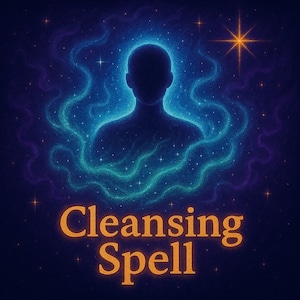 May include: Digital art illustration of a silhouette of a person surrounded by blue and teal energy, with a starry background. The words "Cleansing Spell" are in orange text at the bottom. The image evokes themes of spirituality and magic.