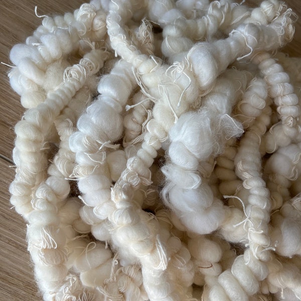 Handspun Art Yarn, scrap yarn, Scrappy art yarn, white art yarn, chunky yarn, Scrappy white art yarn, neutral Scrappy yarn, Weaving yarn