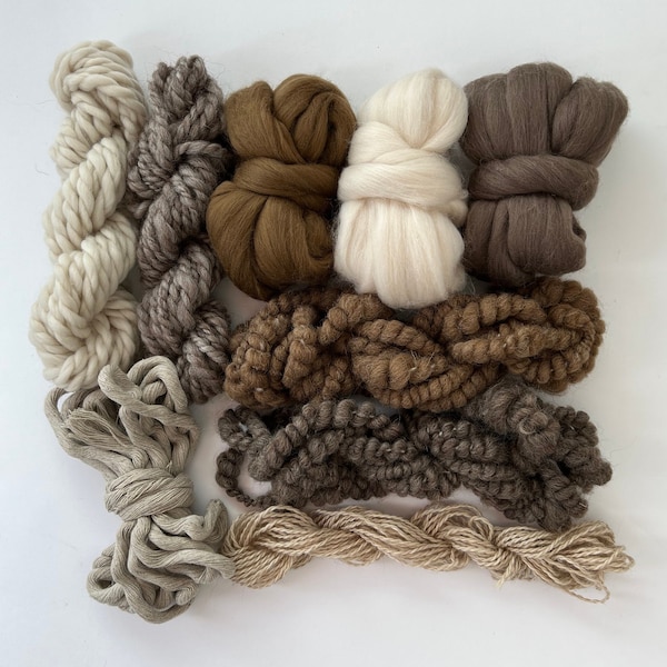 Destash yarn, weaving fiber pack, Weaving yarn bundle, Weaving yarn pack, Art yarn bundle, art yarn handspun, brown art yarn