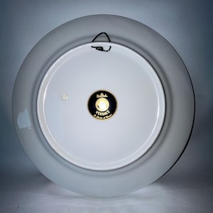 May include: Back of a white porcelain decorative plate with a gray rim. A black metal hanger is attached to the top. The center features a black and gold Versace logo.