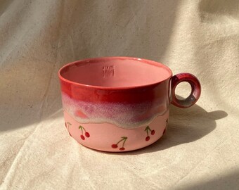 Ceramic Pink Cherry Mug with Saucer, Porcelain Cup, Handmade Coffee Tea Cup, Unique Gift for Coffee Tea Lovers, Cute Gift,Gift For Girl Mugs