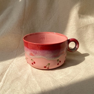 Ceramic Pink Cherry Mug with Saucer, Porcelain Cup, Handmade Coffee Tea Cup, Unique Gift for Coffee Tea Lovers, Cute Gift,Gift For Girl Mugs