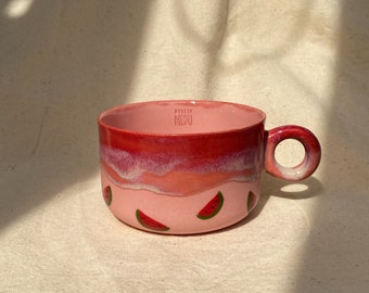 Ceramic Pink Watermelon Mug with Plate, Porcelain Cup, Handmade Coffee Tea Cup, Unique Gift for Coffee Tea Lovers, Cute Gift, Gift For Girl