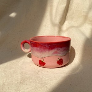 Ceramic Pink Strawberry Mug with Plate, Porcelain Cup, Handmade Coffee Tea Cup, Unique Gift for Coffee Tea Lovers, Cute Gift, Gift For Girl