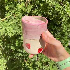 PREORDER Stoneware Strawberry Travel Mug with Sip, Handmade Pottery Coffee Cup, Ceramic To-go Tumbler, Unique Gift for Girl, Cute Gift