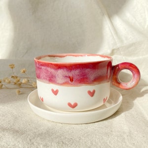 Ceramic Pink Heart Mug with Plate, Porcelain Cup, Handmade Coffee Tea Cup, Unique Gift for Coffee Tea Lovers, Cute Gift, Gift For Girl