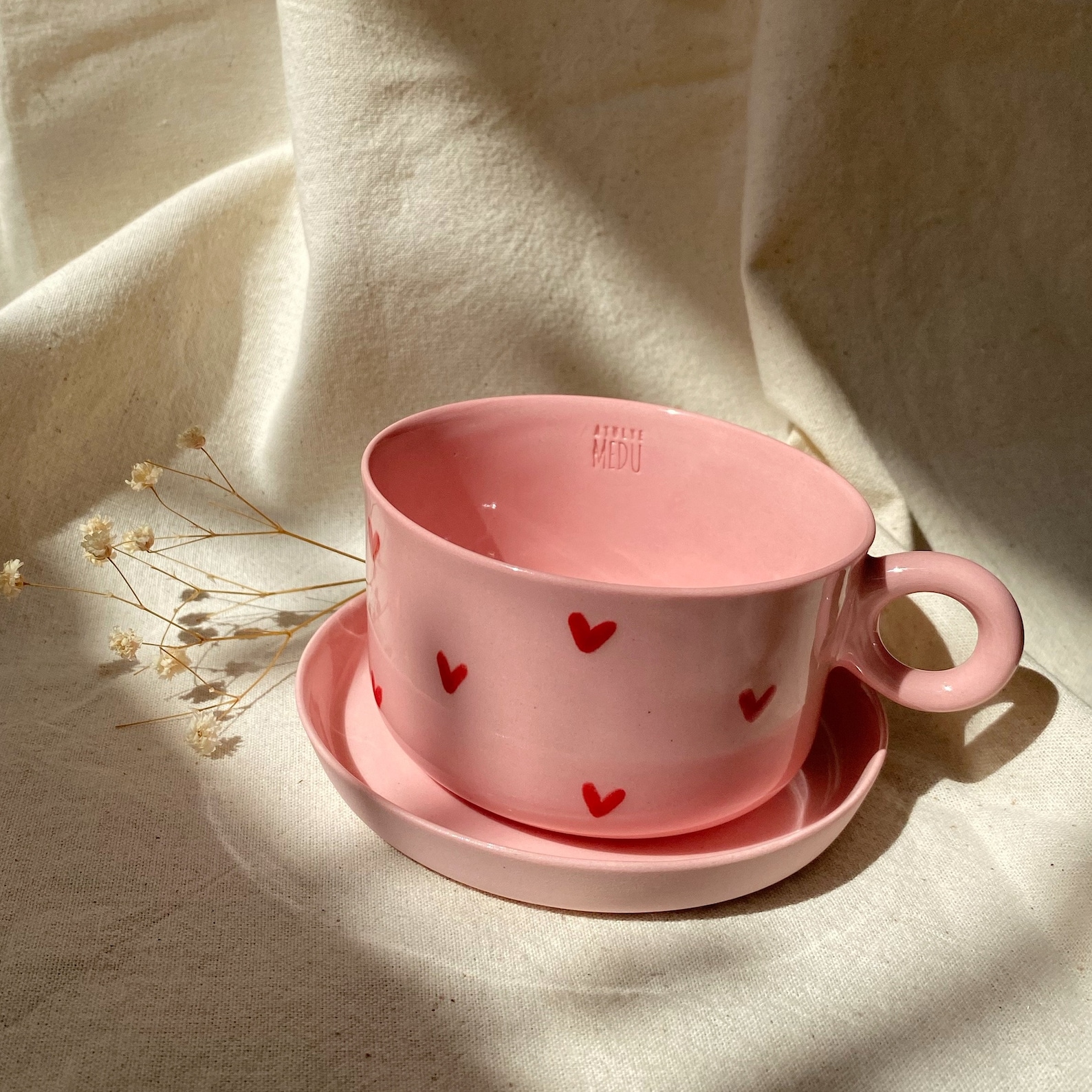 Ceramic Pink Red Heart Mug With Plate, Porcelain Cup, Handmade Coffee