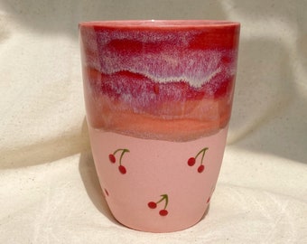 Pre-Order Hand-Painted Cherry Ceramic Mug, Porcelain Coffee Tea Cup, French Limoges Clay