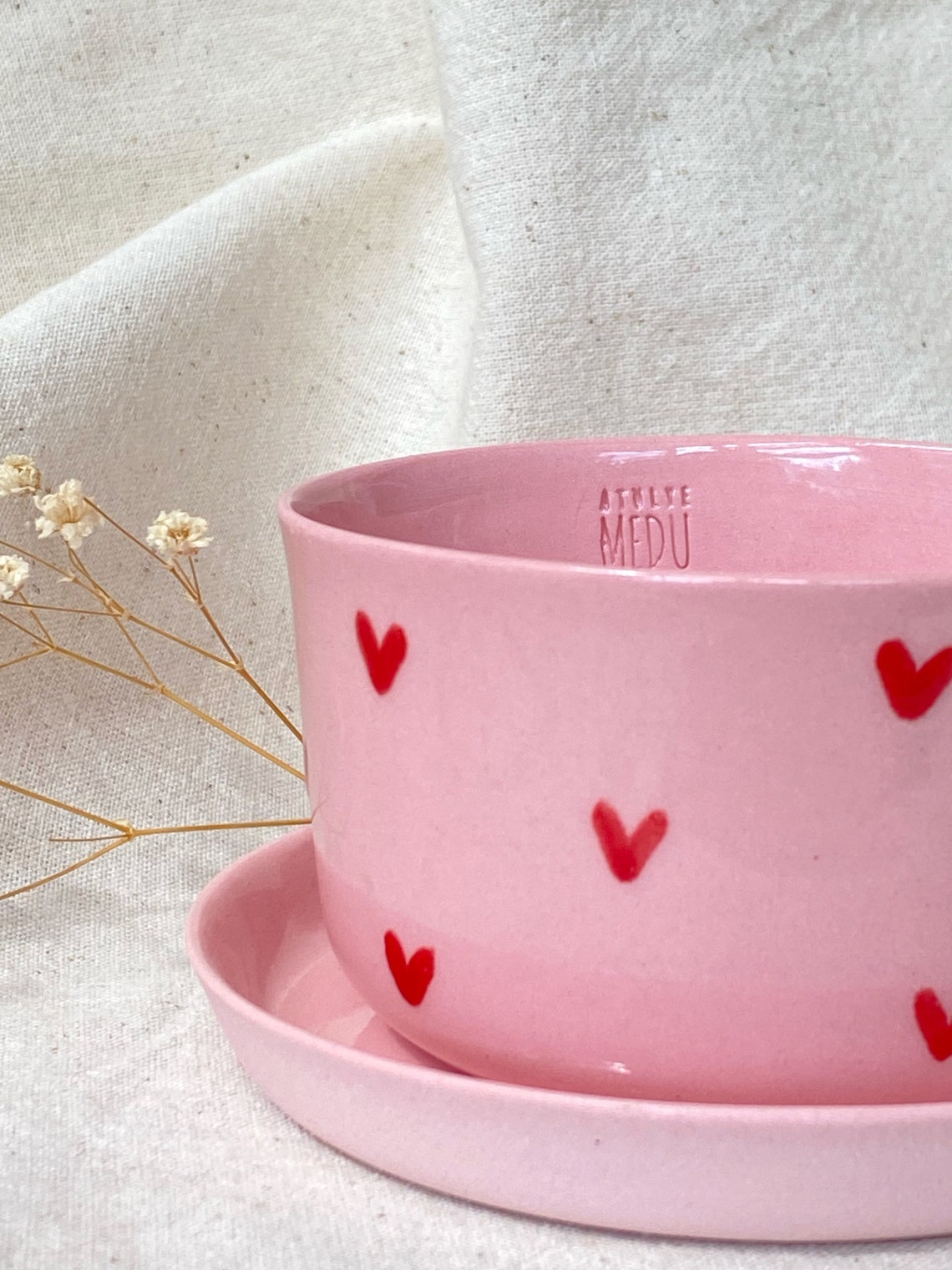 Ceramic Pink Red Heart Mug With Plate, Porcelain Cup, Handmade Coffee