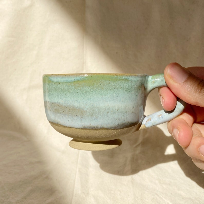 Ceramic Pottery Green Small Mug With Handle 4 oz, Handmade Espresso and Tea Cup, Unique Gift for Coffee Tea Lovers, Perfect Gift For Girl image 1