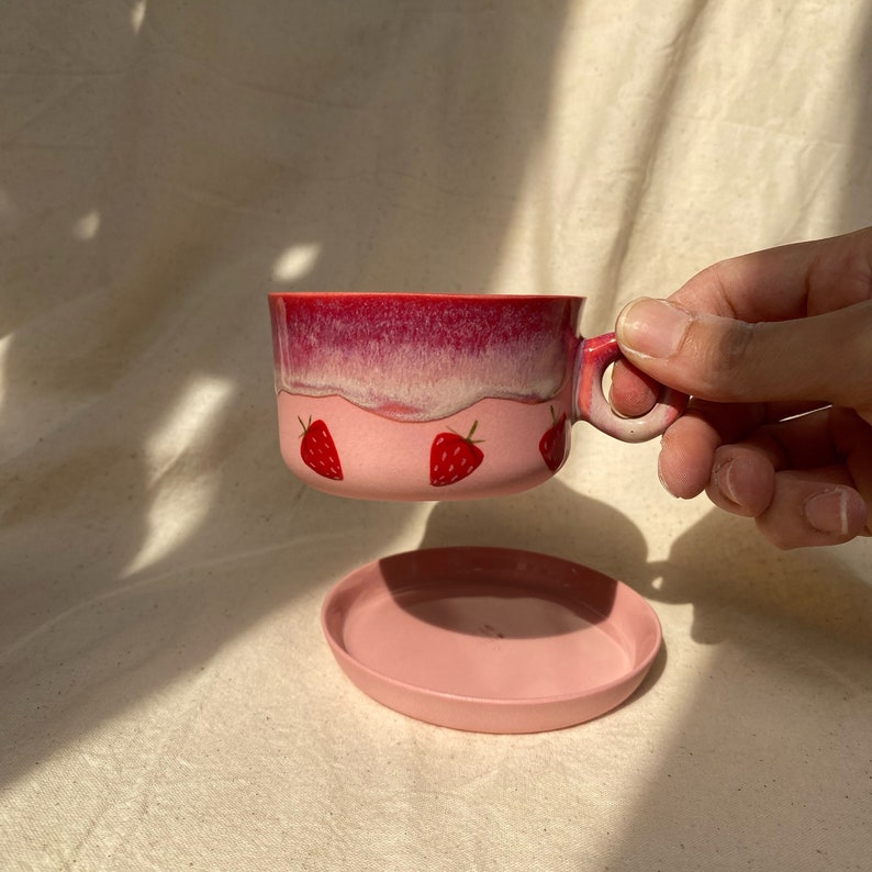 Ceramic Pink Strawberry Mug With Plate, Porcelain Cup, Handmade Coffee