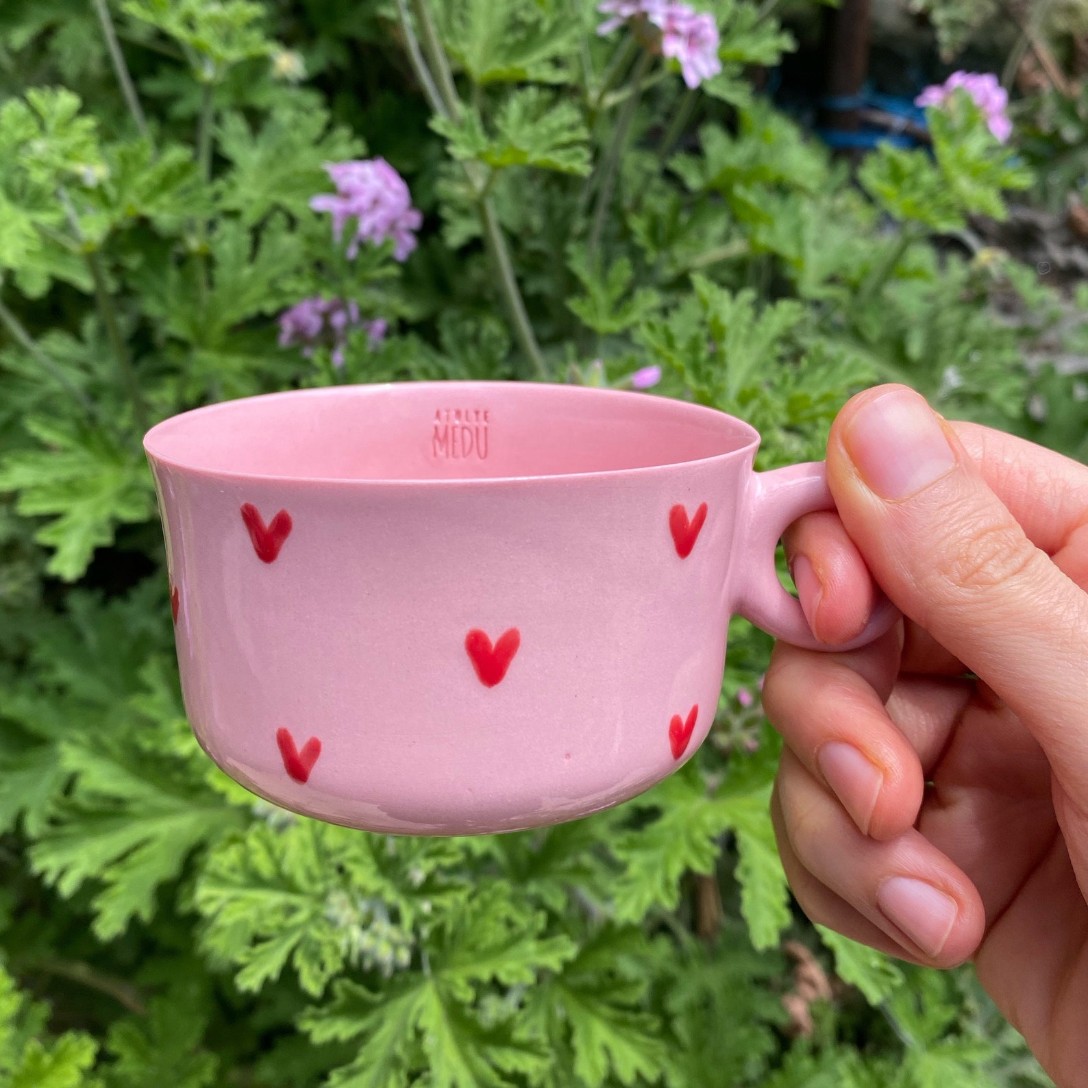 Ceramic Pink Red Heart Mug With Plate, Porcelain Cup, Handmade Coffee