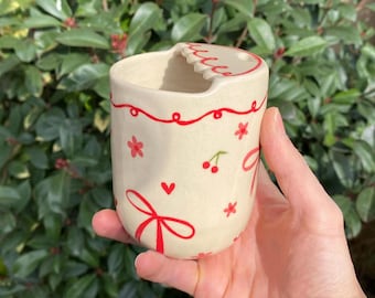 Pre Order Handmade Coquette Ceramic Travel Mug – Cherry & Bow Design