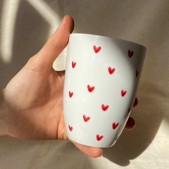 Handpainted Ceramic Coffee Mug: White Porcelain Cup With Red