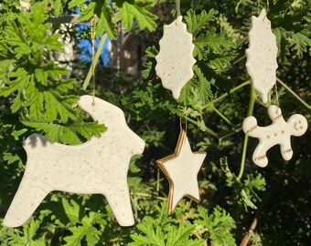 Charming Ceramic Christmas Ornaments- Set of 5- Handmade with 24k Gold Porcelain Star, Tree, Deer, Gingerman New Year Unique Gift, Cute Gift