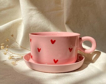 Tasse à Café Céramique Fait Main Avec Soucoupe Et Cuillère - Motif Fleurs Et Mer - Lavable Lave-vaisselle - Cadeau Idéal