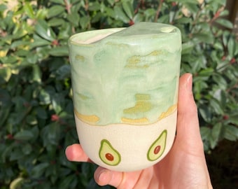 Pre Order Handmade Avocado Travel Mug with Lid – Green Glaze Ceramic Coffee Tumbler