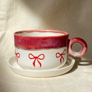 Ceramic Red Bow Ribbon Coquette Mug with Plate, Porcelain Cup, Handmade Coffee Tea Cup, Unique Gift for Coffee Tea Lovers, Cute Gift for her