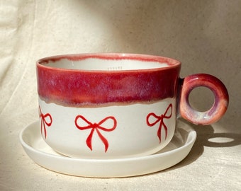 Handmade Porcelain Coquette Mug with Red Bows & Plate