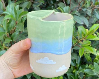 Pre Order Handmade Cloud Travel Mug with Lid – Blue Green Glaze Ceramic Coffee Tumbler
