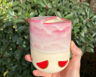 Pre Order Handmade Watermelon Pottery Mug with Lid – Pink Glaze Stoneware To Go Mug