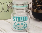 Glass Odor Proof Stash Jar with Aqua Stoned and Smiley Face Decal, Stoner 420 Stash Jar, Cute Flower Storage Container, Hippie Spice Jar