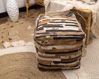 Handmade Cowhide Ottoman: Genuine Leather Pouf, 16x16x16 inches Gift For Her Him Birthday Anniversary