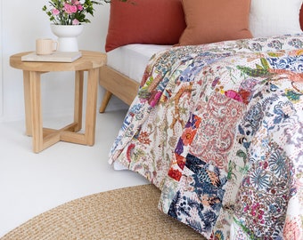 King Size Kantha Quilt: Indian Block Print Cotton Bedspread Gift For Her Him Birthday Anniversary