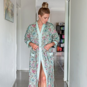 Katoenen kimonobadjas met bloemenprint: paradijsvogelprint, lichtgewicht badjas Cadeau voor haar hem verjaardag