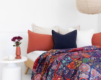 King Size Kantha Quilt: Block Print Bohemian Cotton Bedspread Gift For Her Him Birthday Anniversary