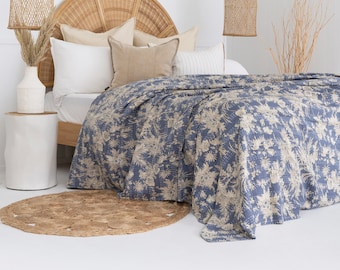 Handmade Block Print Kantha Quilt: Bohemian King Size Cotton Bedspread Gift For Her Him Birthday Anniversary