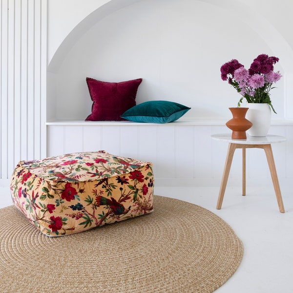 Pouf bohème en velours, pouf fait à la main, bouffée de cylindre, pouf ottoman, oreiller de sol, oreiller turc, décor de ferme, pouf de traversin, pouf extérieur