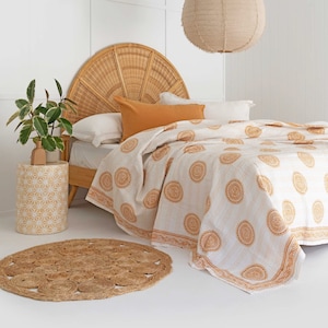 King Size Kantha Quilt: Block Print Cotton Bohemian Bedspread