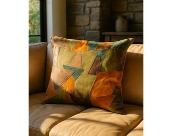 Handmade Leather Patchwork Cushion - Earthy Boho Home Decor Pillow