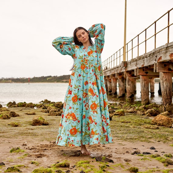 Floral Cotton Maxi Dress: Women's Boho Kimono Wrap Gift for Her Him Birthday Anniversary